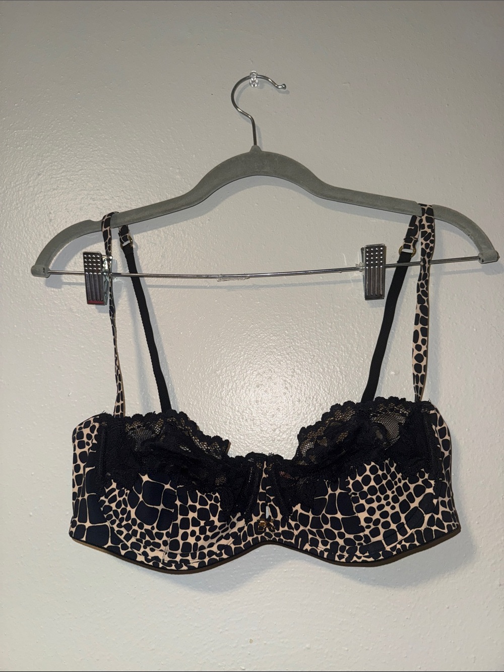 Victoria's Secret Black and Beige Animal Print Lace Balconette Bra